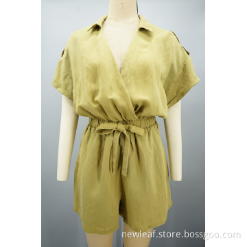 Women Summer Elastic Short Sleeve V-neck Wrap Jumpsuit